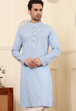 Digital Printed Cotton Kurta in Sky Blue