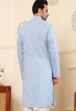Digital Printed Cotton Kurta in Sky Blue