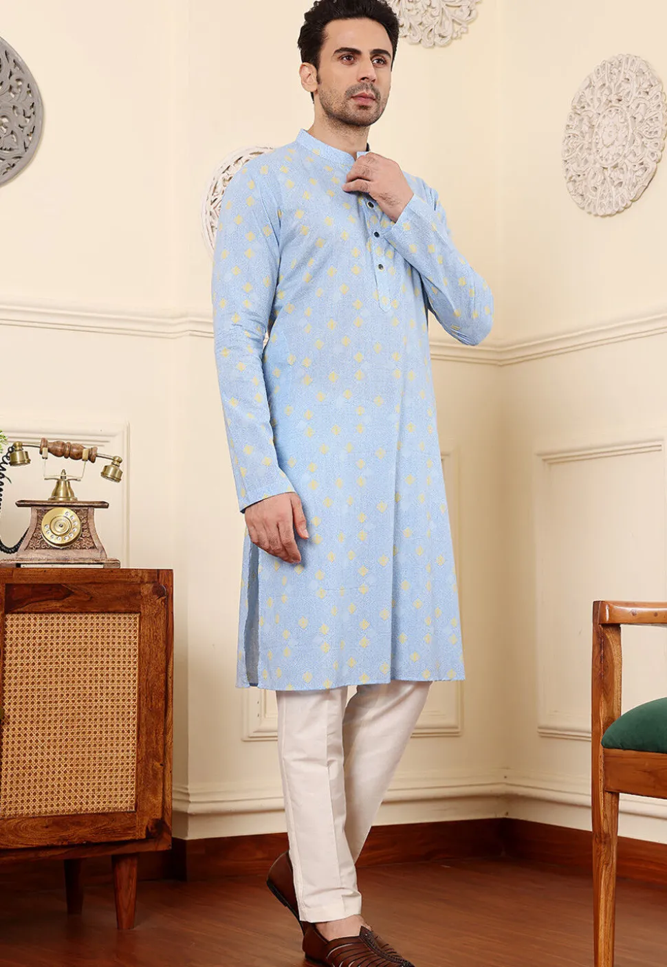 Digital Printed Cotton Kurta in Sky Blue