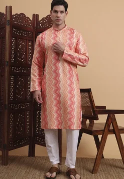 Digital Printed Cotton Kurta in Peach