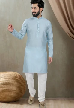 Digital Printed Cotton Kurta Set in Light Blue