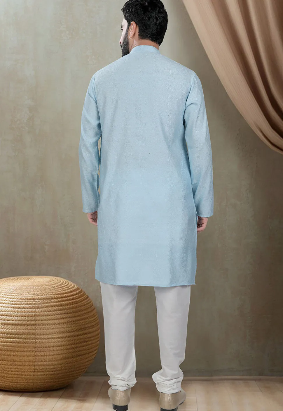 Digital Printed Cotton Kurta Set in Light Blue