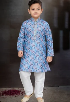 Digital Printed Cotton Kurta Set in Blue