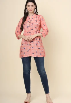 Digital Printed Cotton Kurti in Peach