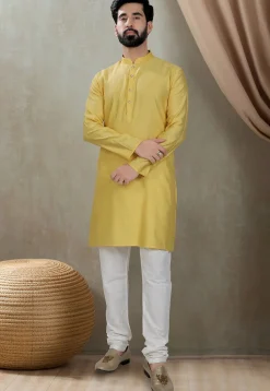 Digital Printed Cotton Kurta Set in Yellow