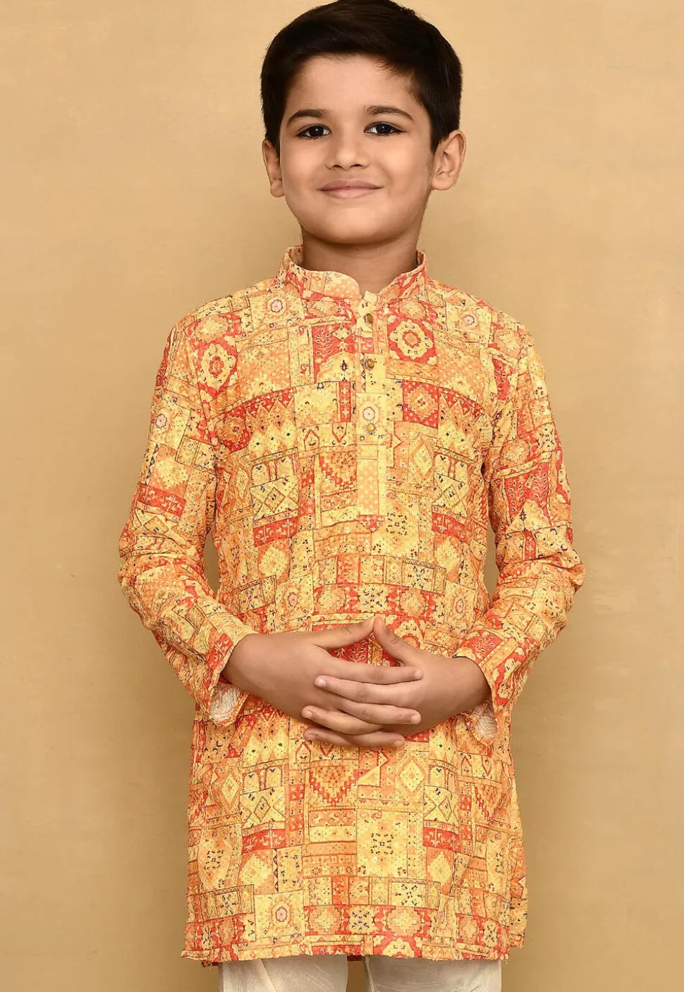 Digital Printed Cotton Kurta in Yellow