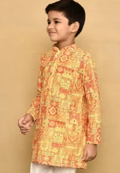 Digital Printed Cotton Kurta in Yellow