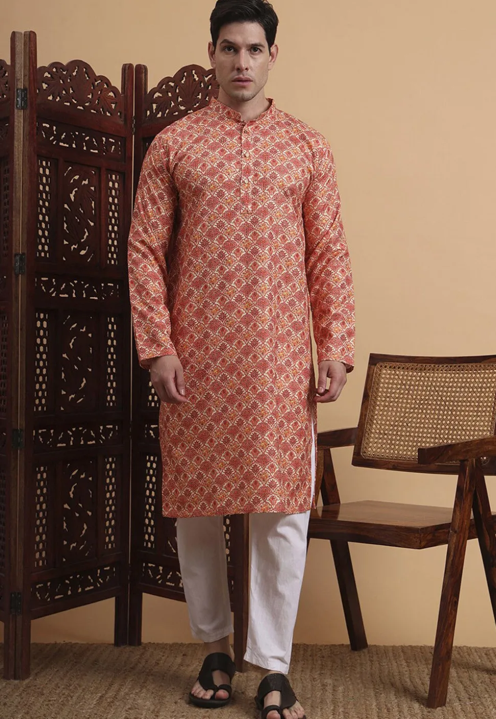 Digital Printed Cotton Kurta in Peach
