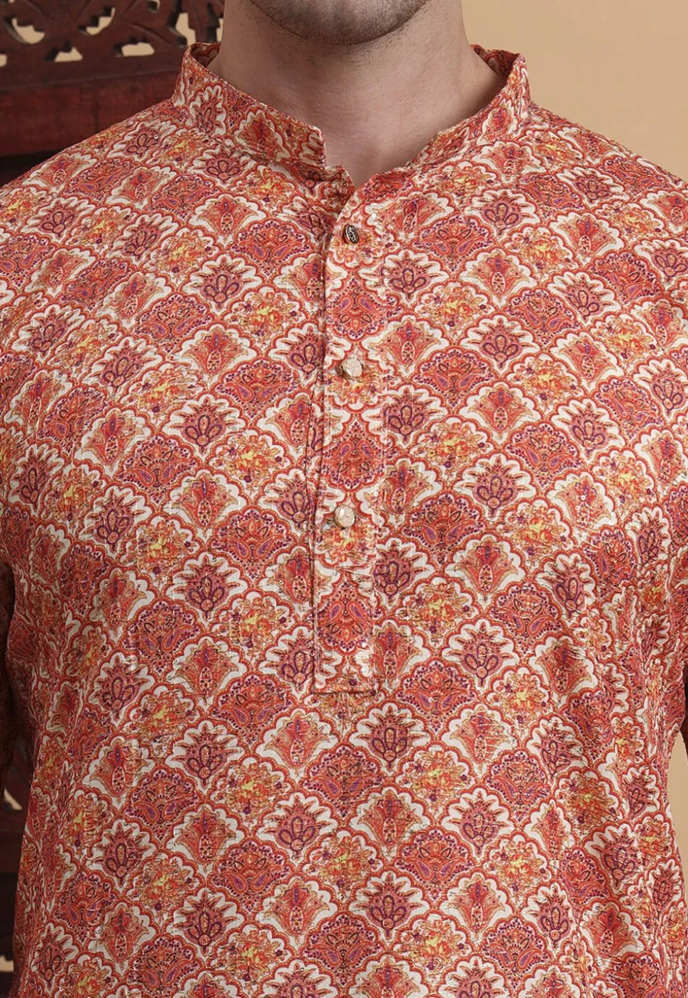 Digital Printed Cotton Kurta in Peach