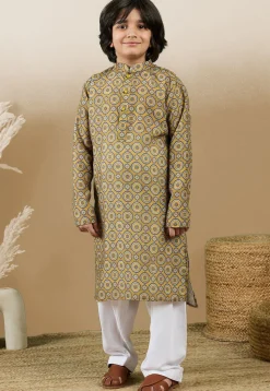 Digital Printed Cotton Kurta Set in Mustard