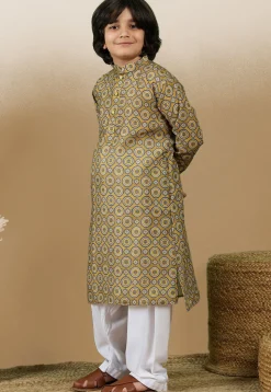 Digital Printed Cotton Kurta Set in Mustard