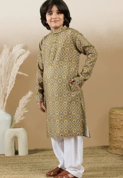 Digital Printed Cotton Kurta Set in Mustard