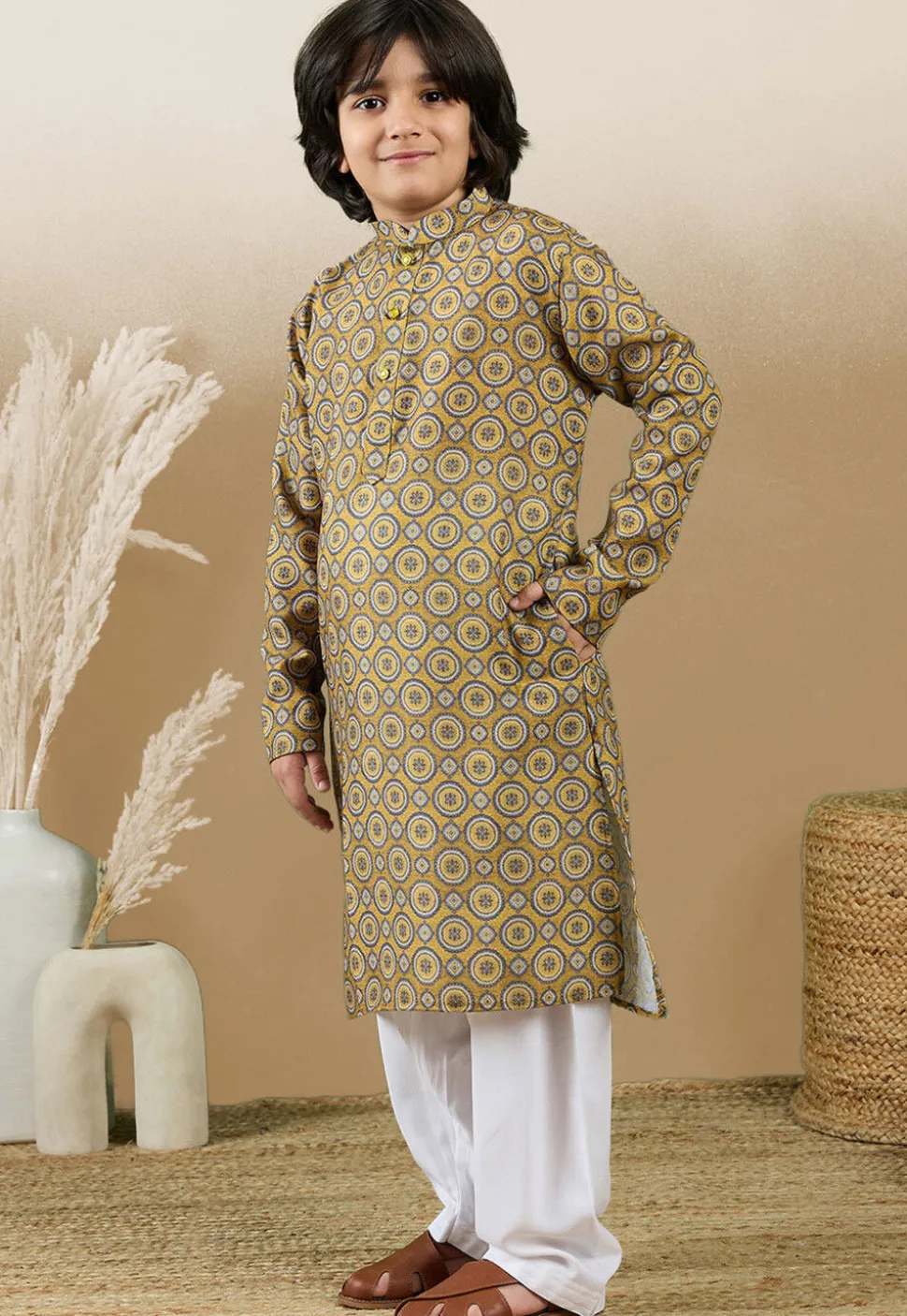 Digital Printed Cotton Kurta Set in Mustard
