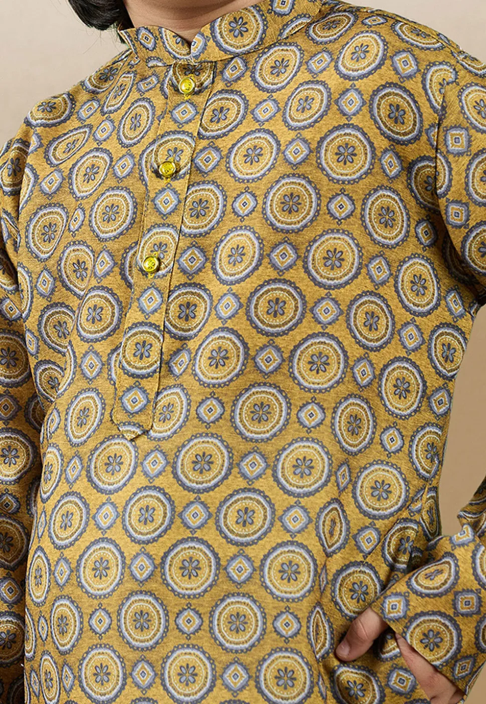 Digital Printed Cotton Kurta Set in Mustard