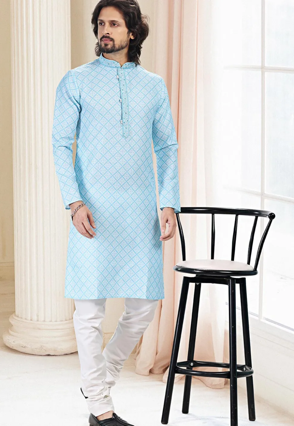 Digital Printed Cotton Kurta Set in Sky Blue