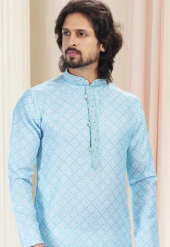 Digital Printed Cotton Kurta Set in Sky Blue