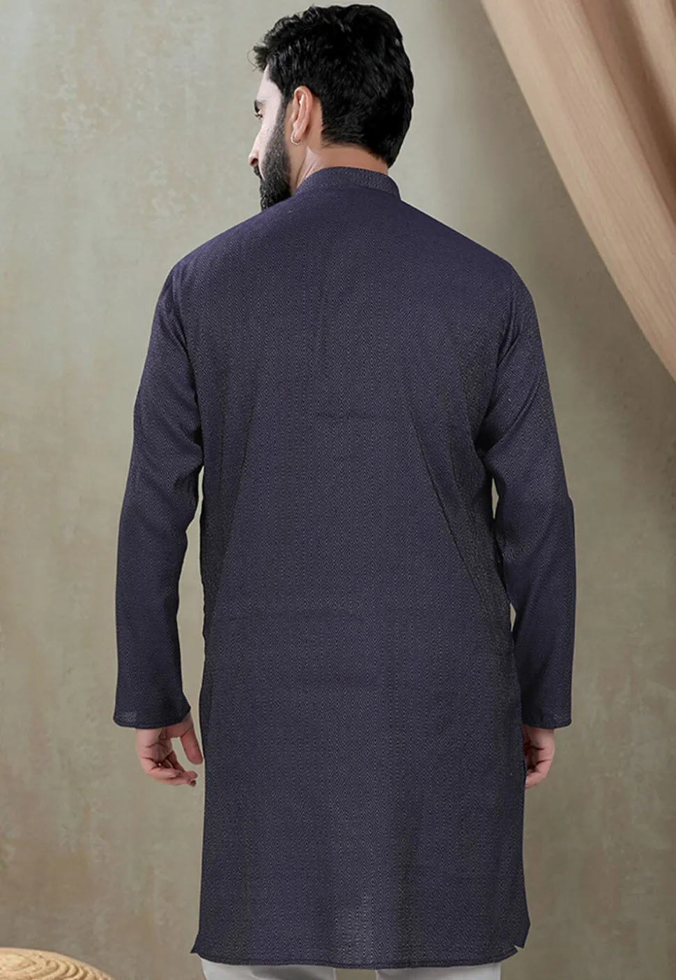 Digital Printed Cotton Kurta in Navy Blue