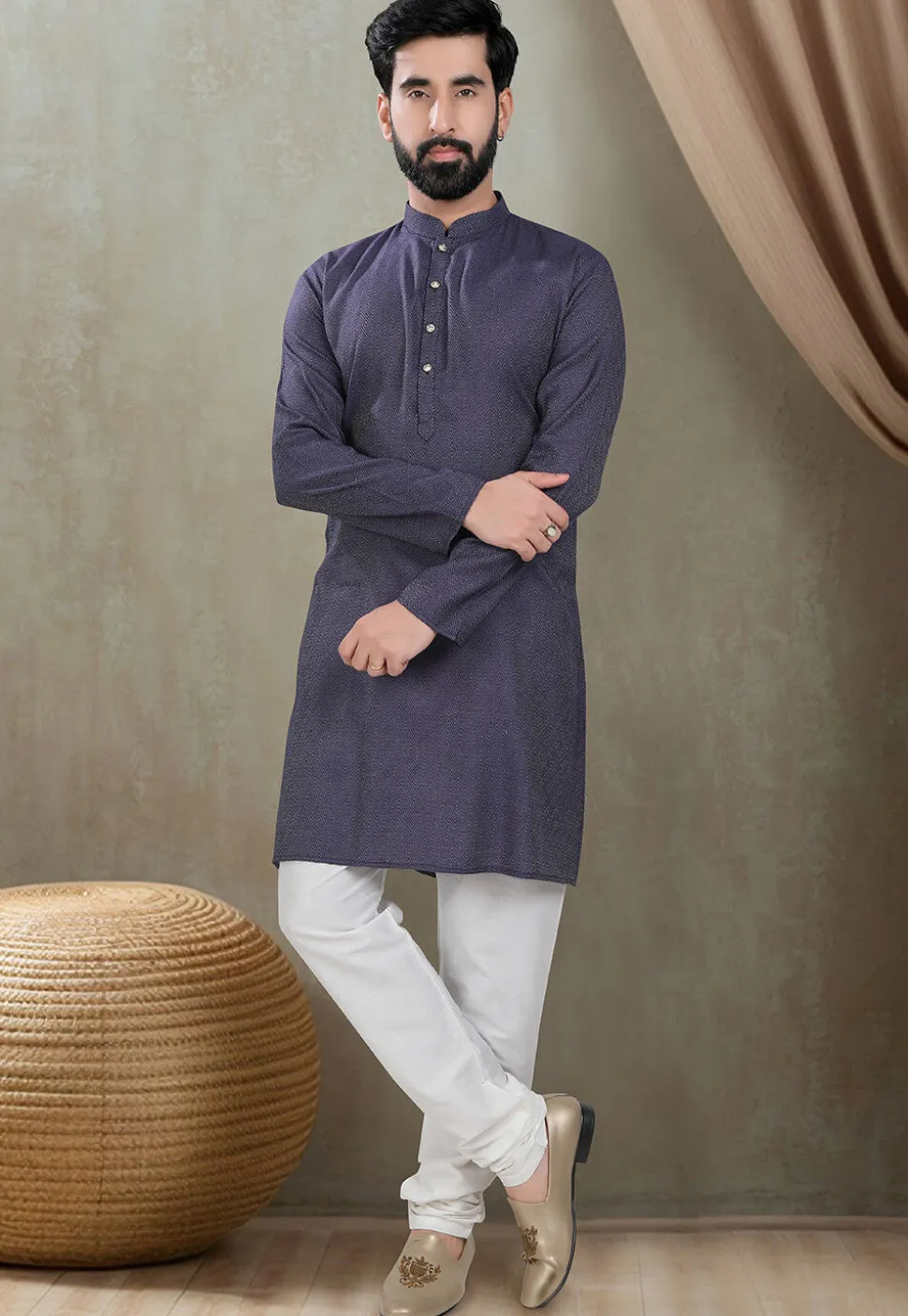 Digital Printed Cotton Kurta in Navy Blue