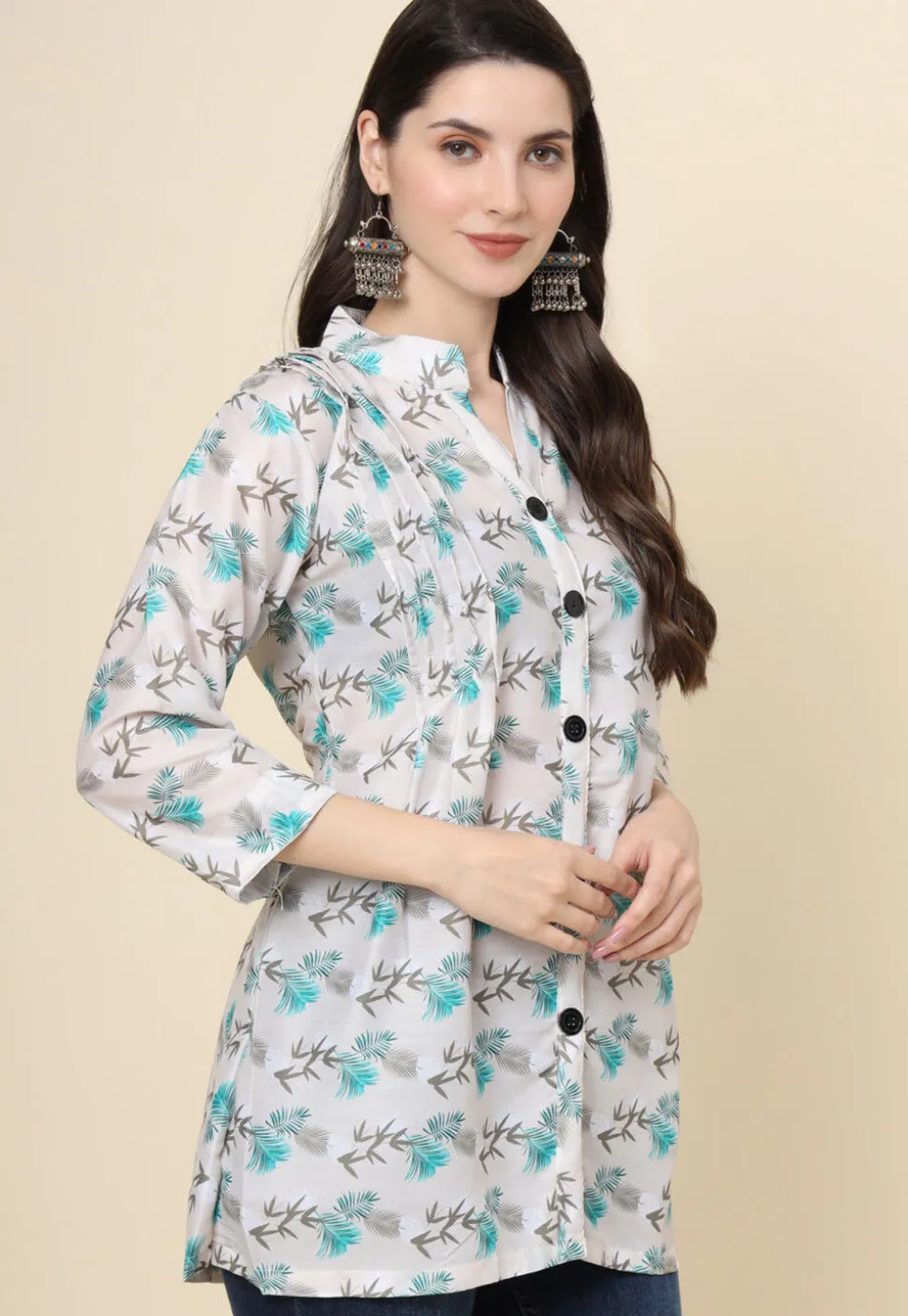 Digital Printed Cotton Kurti in Off White