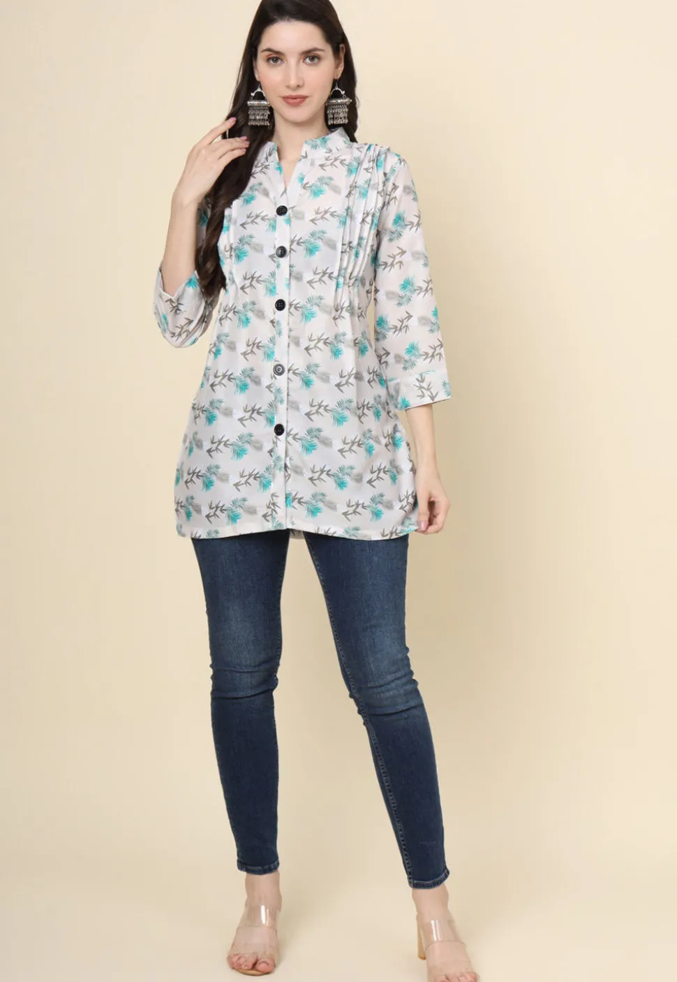 Digital Printed Cotton Kurti in Off White