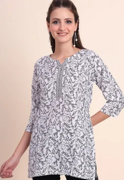 Digital Printed Cotton Kurti in Off White