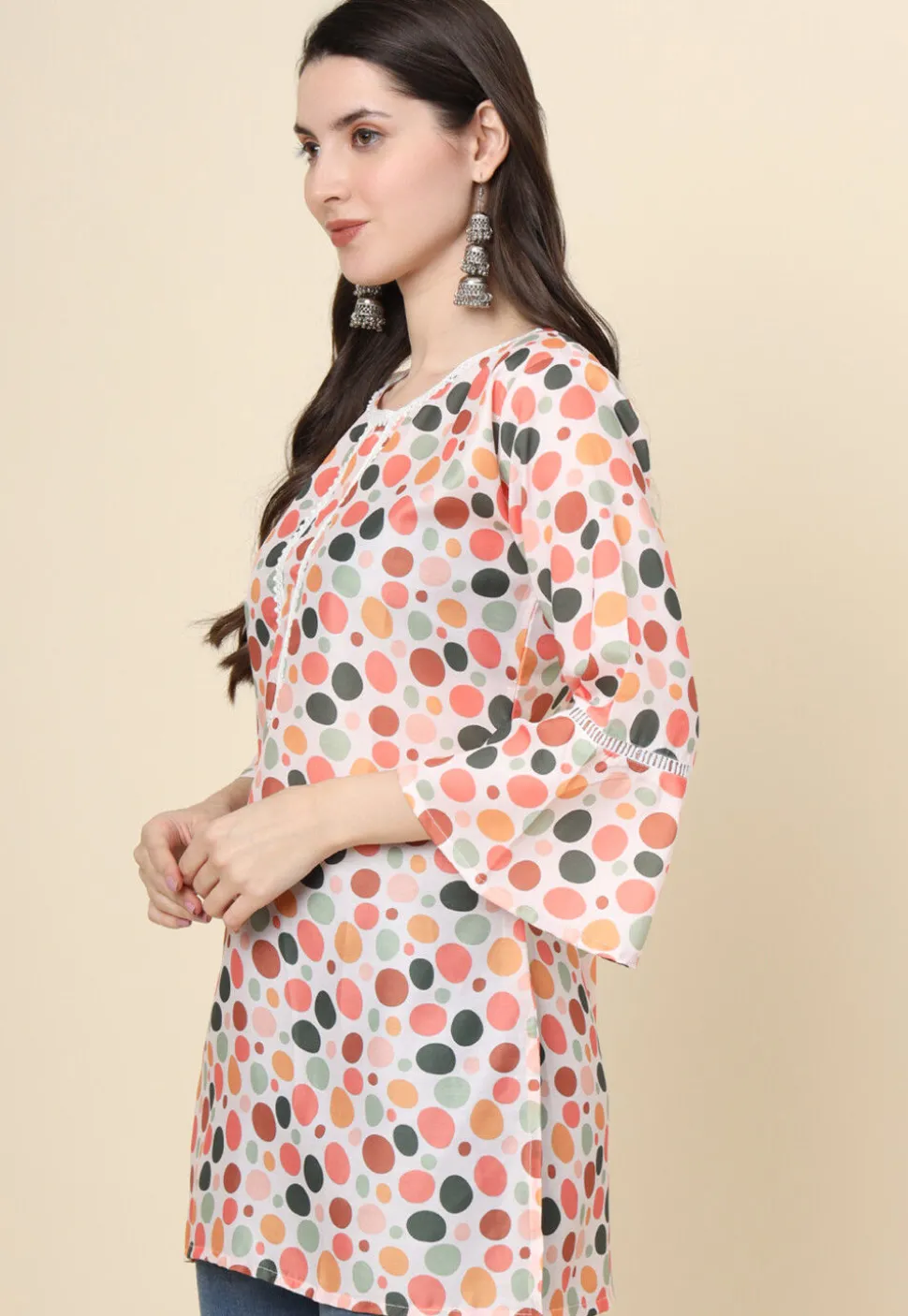Digital Printed Cotton Kurti in Off White