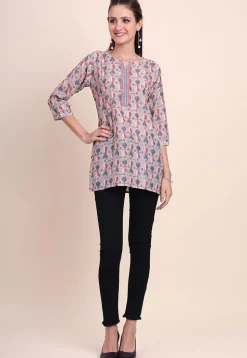 Digital Printed Cotton Kurti in Fawn