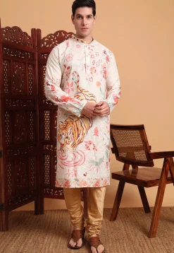 Digital Printed Cotton Kurta in Off White