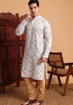 Digital Printed Cotton Kurta in Off White