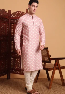 Digital Printed Cotton Kurta in Peach