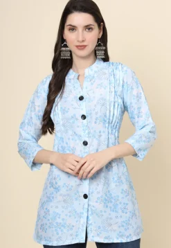 Digital Printed Cotton Kurti in Sky Blue