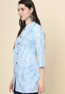 Digital Printed Cotton Kurti in Sky Blue