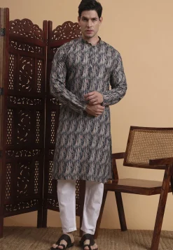 Digital Printed Cotton Kurta in Grey