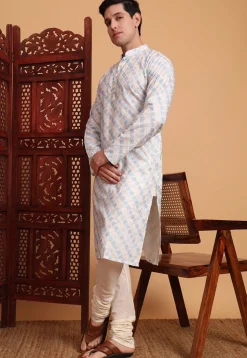 Digital Printed Cotton Kurta in Off White and Blue