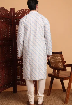 Digital Printed Cotton Kurta in Off White and Blue