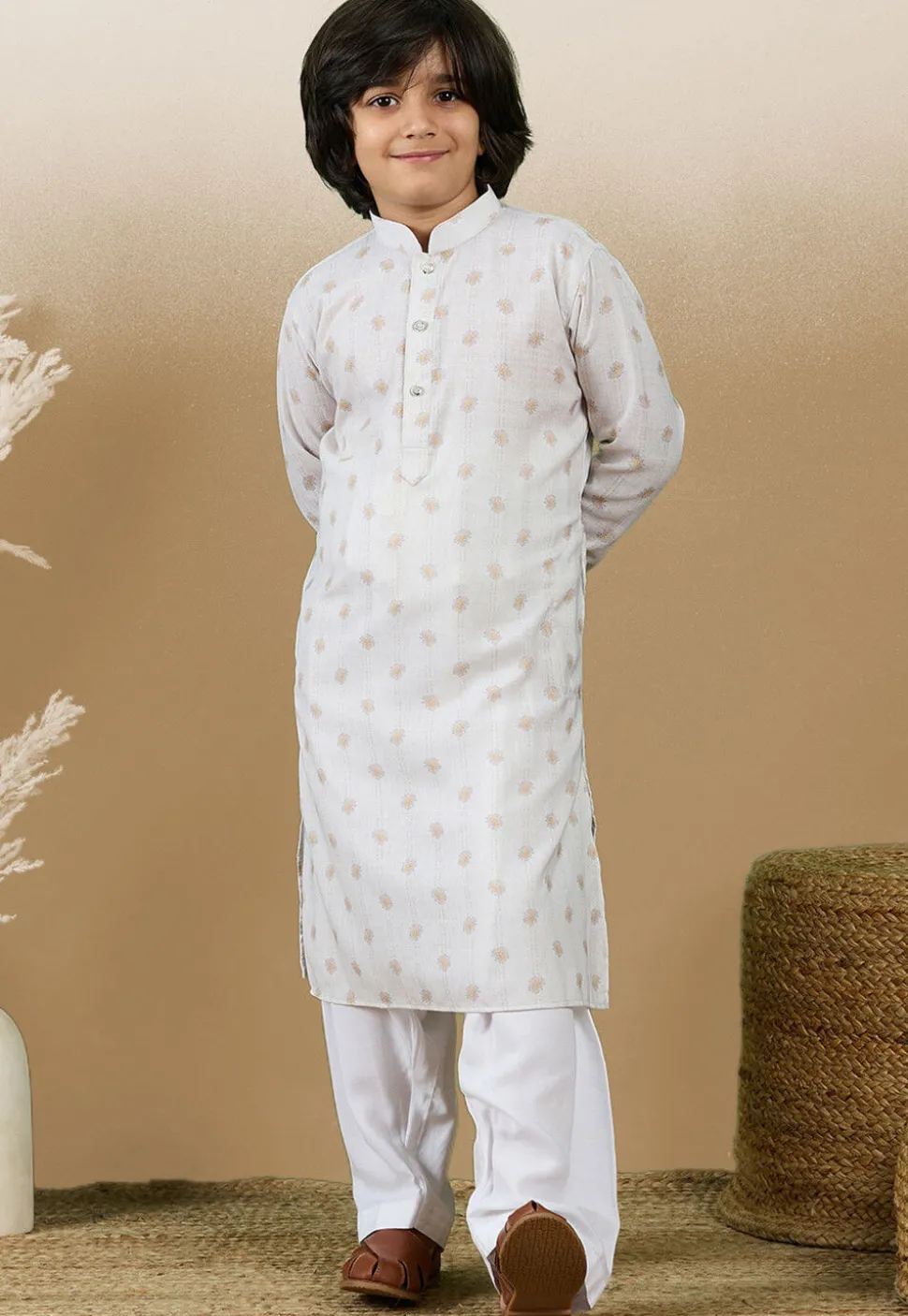 Digital Printed Cotton Kurta in Off White