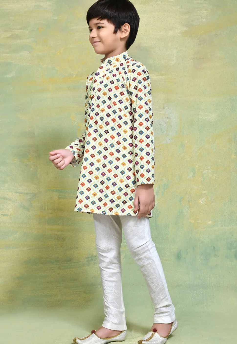 Digital Printed Cotton Kurta Set in White