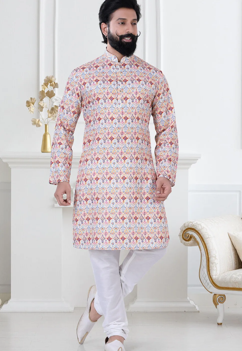 Digital Printed Cotton Kurta Set in Multicolor