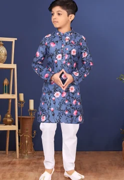 Digital Printed Cotton Kurta Set in Blue