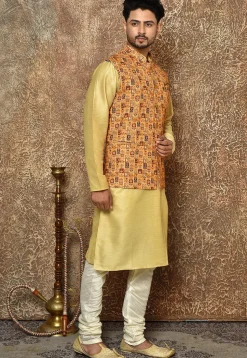 Digital Printed Cotton Linen Nehru Jacket in Mustard