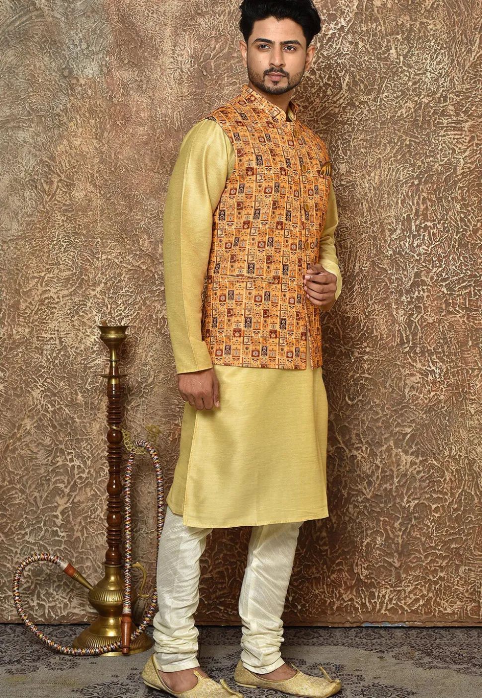 Digital Printed Cotton Linen Nehru Jacket in Mustard