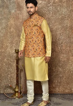 Digital Printed Cotton Linen Nehru Jacket in Mustard