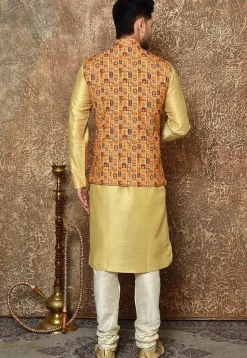 Digital Printed Cotton Linen Nehru Jacket in Mustard
