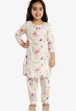 Digital Printed Cotton Linen Kurta Set in Off White