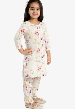 Digital Printed Cotton Linen Kurta Set in Off White