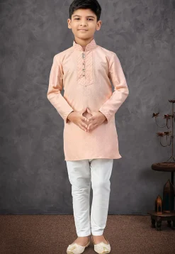 Digital Printed Cotton Linen Kurta Set in Peach