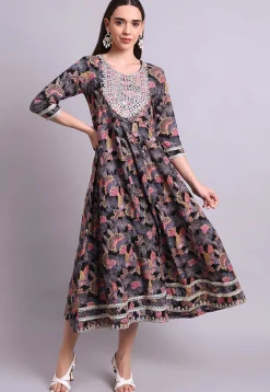 Digital Printed Cotton Long Kurta in Black