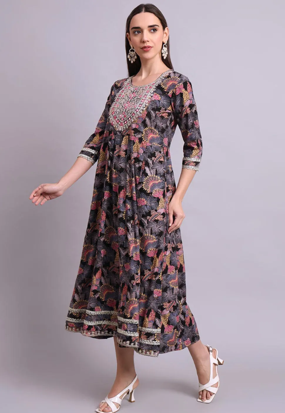 Digital Printed Cotton Long Kurta in Black