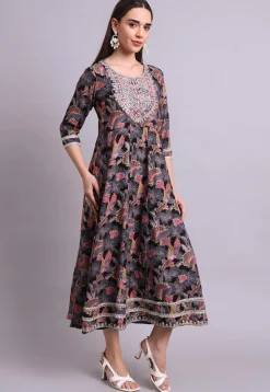 Digital Printed Cotton Long Kurta in Black