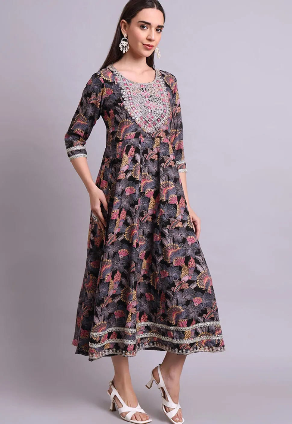 Digital Printed Cotton Long Kurta in Black
